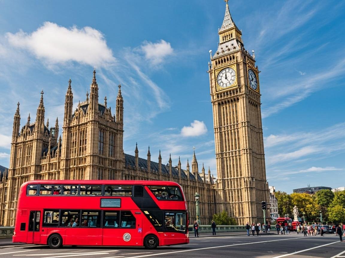 Big Ben and a classic red double-decker bus in London