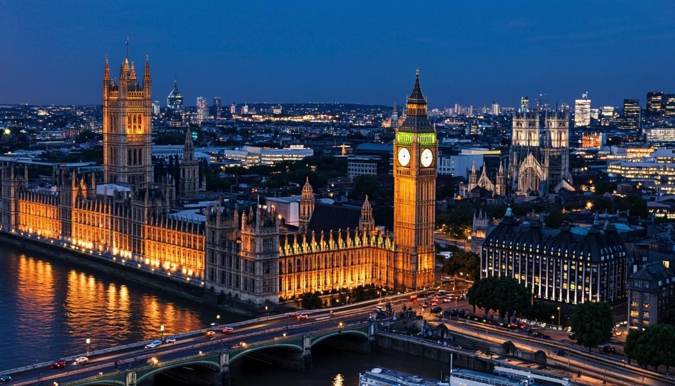 London at night with Big Ben illuminated across the Thames