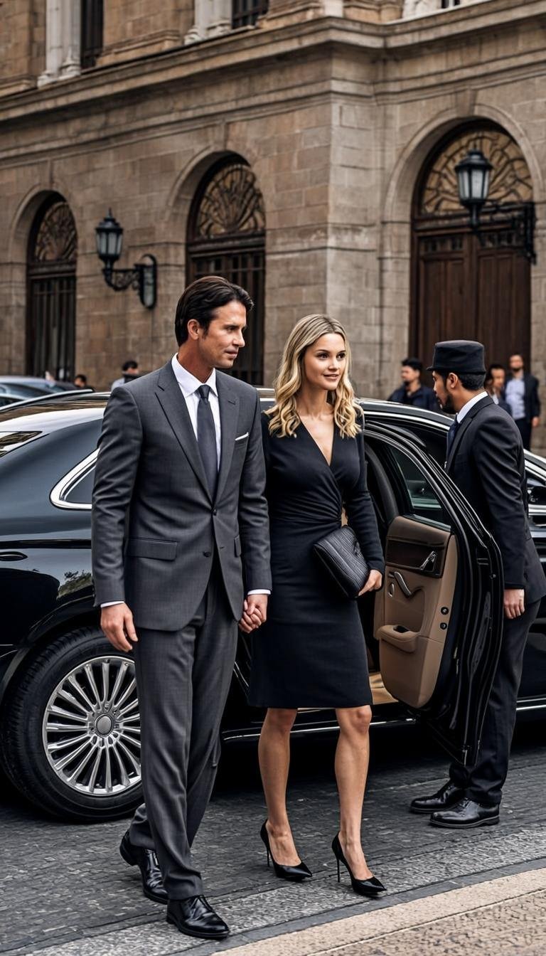 Couple stepping out of a chauffeured luxury car outside a grand European building