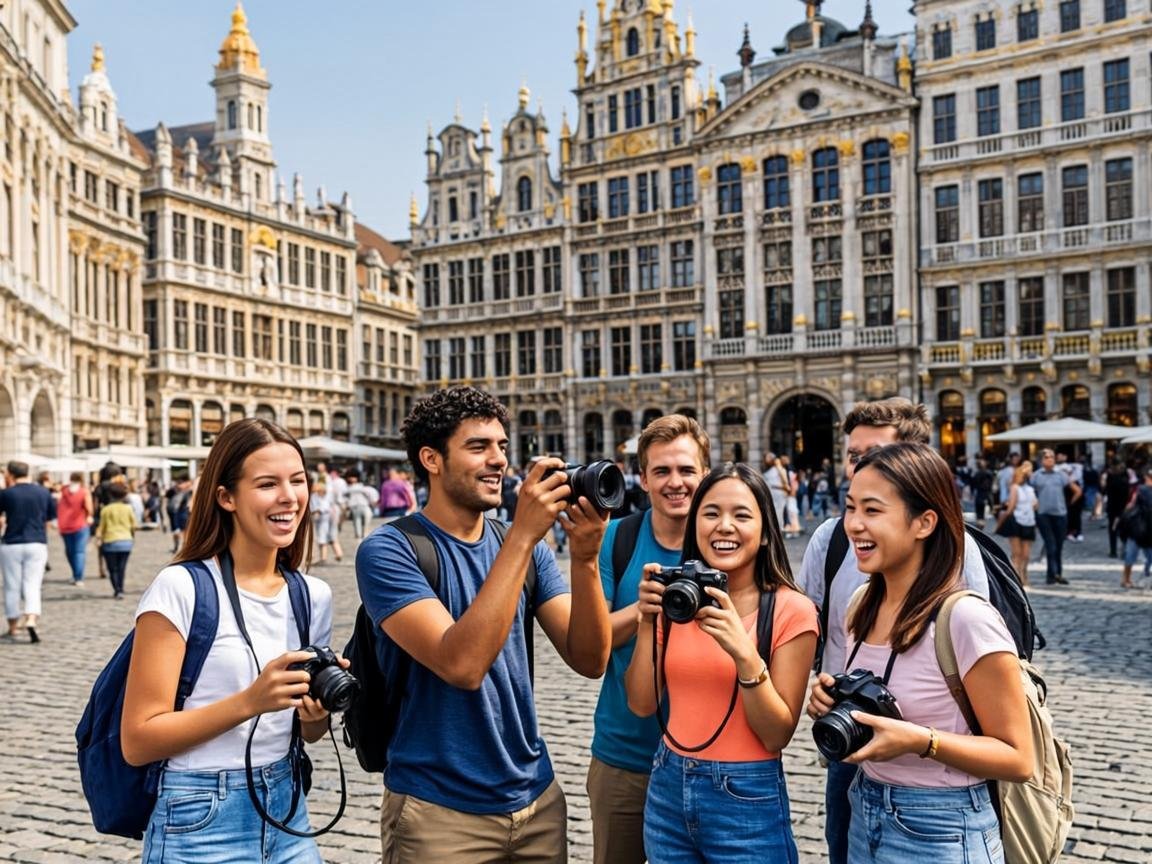 Happy group of travellers exploring a historic European plaza