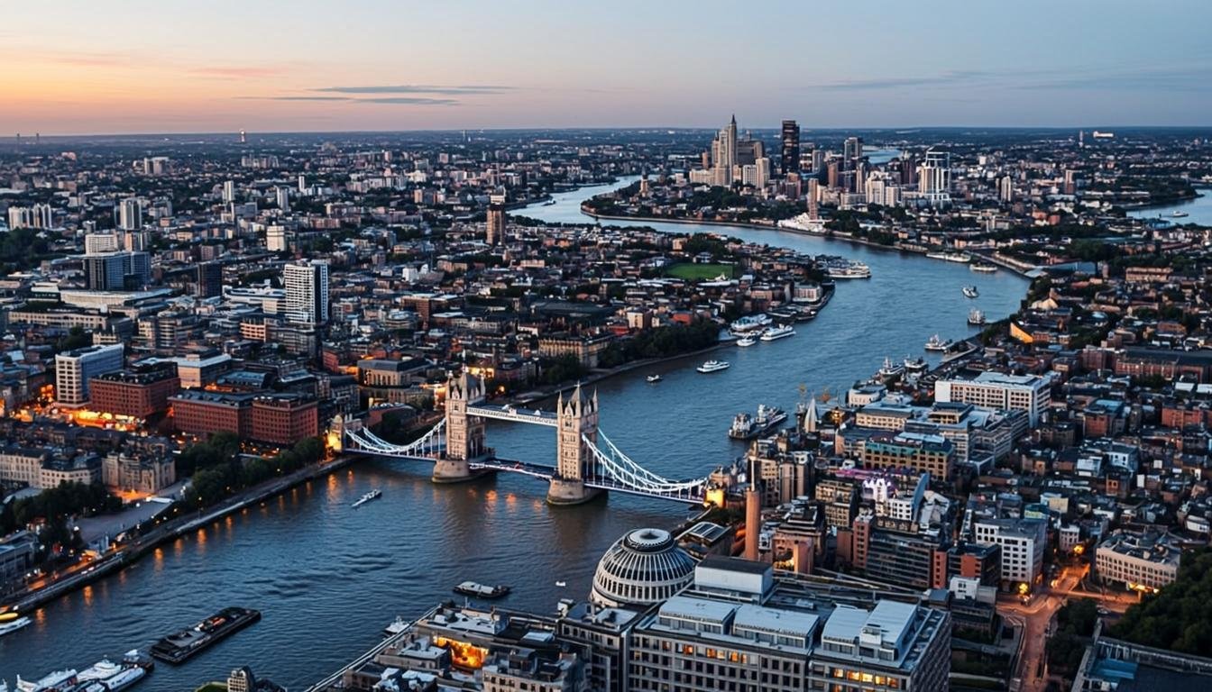 Aerial view of London skyline with Tower Bridge and the River Thames at dusk