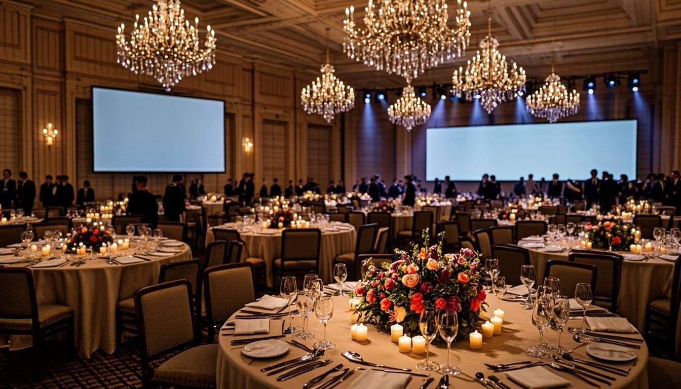 Elegant gala dinner ballroom set for a corporate event