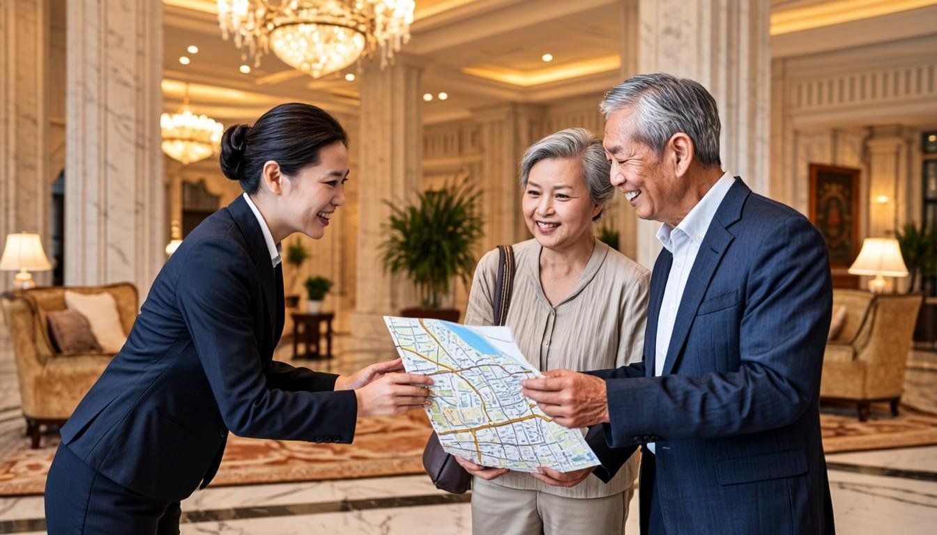 Concierge presenting a map to a smiling couple in a hotel lobby