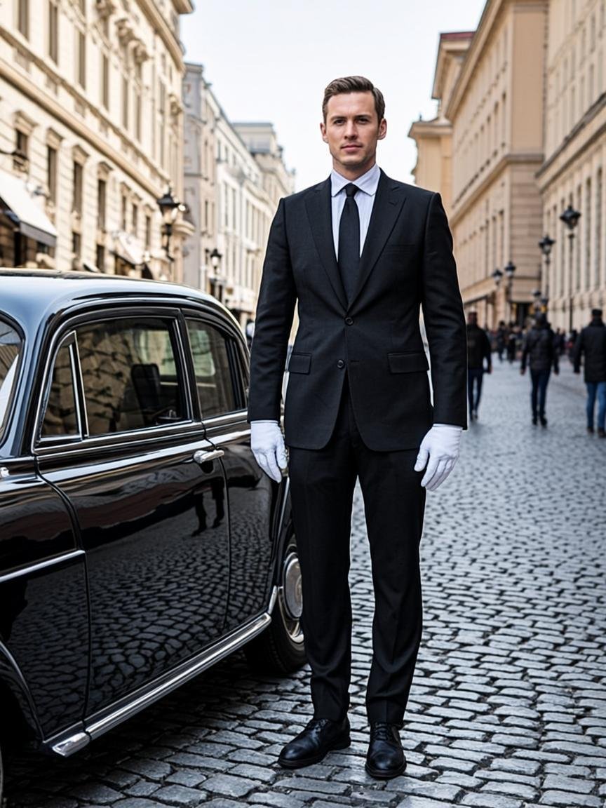 Professional chauffeur beside a luxury black car on a European street